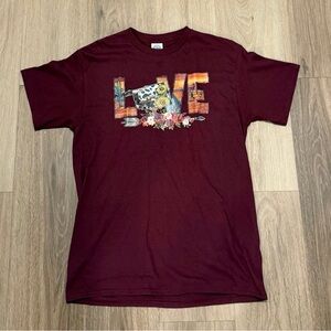 Burgundy Graphic T-Shirt with Love Design and Oklahoma Accents size Medium